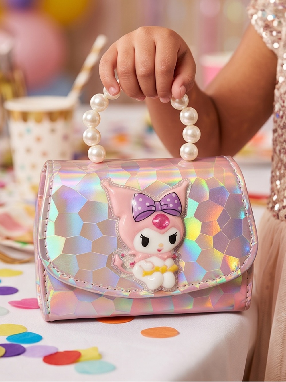 Holographic Pearl Handle Mini Purse - Kawaii Cartoon Crossbody Bag for Little Gi